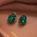 Green Faceted Oval Stone Antique Gold Tone Stud Earrings view 3