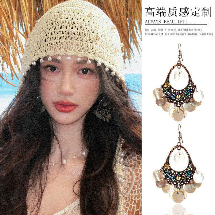 Antique Tone Colorful Shell Sequin Earrings with Reflective Details