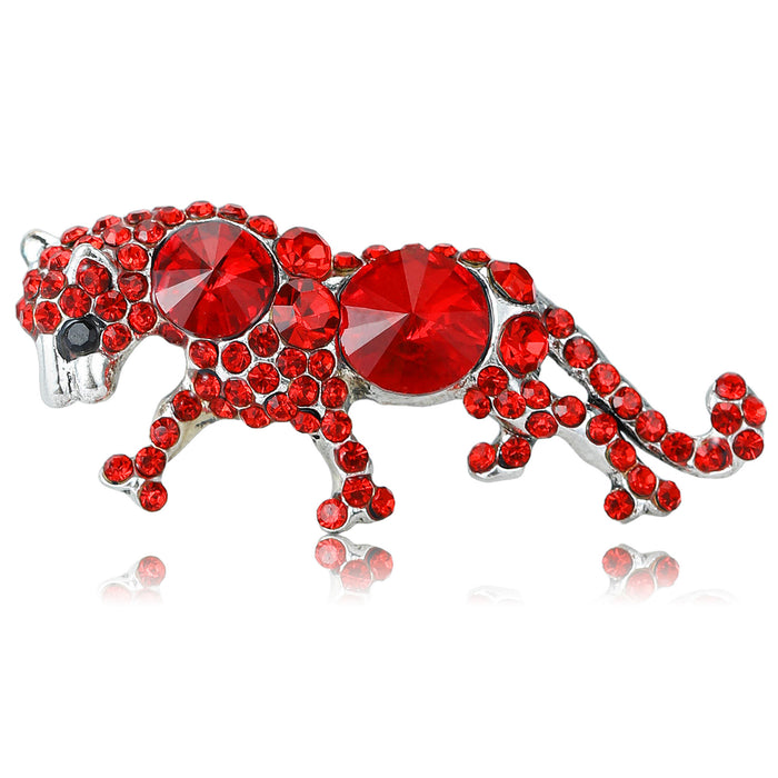 Red Rhinestone Leopard Brooch Antique Silver Walking Pin