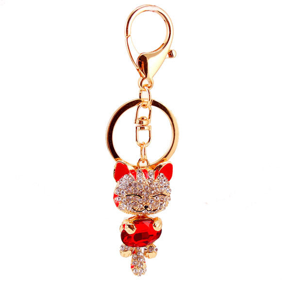 Rhinestone Lucky Cat Keychain Cute Kitten Metal Bag Charm for Car Keys