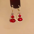Gold Tone Crystal Gourd Hoop Earrings in Red and Pink view 4