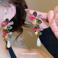Multicolor Crystal Floral Drop Earrings with Pearl Teardrops view 2