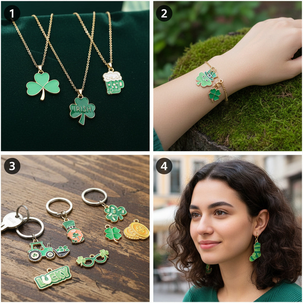 Zinc Alloy Enamel Green Lucky Clover Charm Pendant for Irish Festival Bracelet Keychain Making
