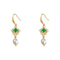 Gold Tone Green Crystal Filigree Drop Earrings Pearl Drops view 5