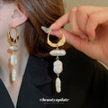 White Irregular Pearl Tassel Huggie Earrings With Decorative Details view 1