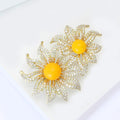 Gold Dual Flower Brooch Yellow Cabochon Centers Clear Crystals view 4
