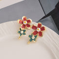 Red and Teal Flower Gold Tone Dangle Stud Earrings view 3