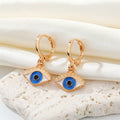 Gold Tone Enamel Evil Eye Huggie Drop Earrings in Two Colors view 2