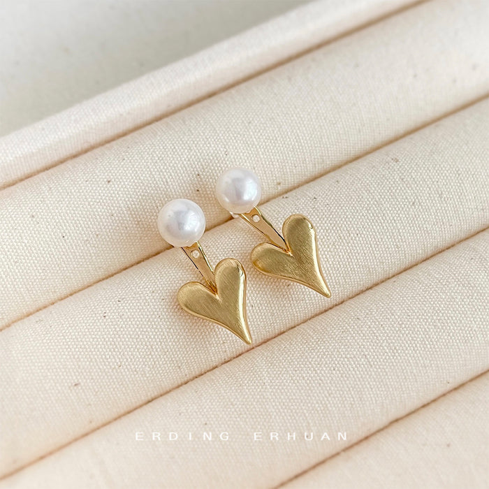 Gold Pearl Stud Brushed Heart Drop Earrings Dual Wear