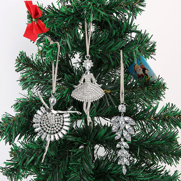 Silver Rhinestone Ballerina Leaf Metal Hanging Ornaments