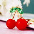 Red Double Cherry Keychain with Green Crystal Leaves and Gold Tone Ring view 2