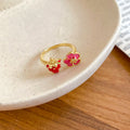 Gold Open Rings With Red Strawberry And Enamel Flower Ends view 7