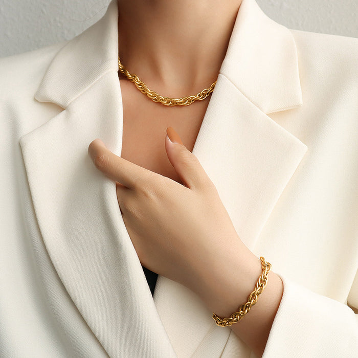 Twisted Rope Chain Necklace and Bracelet Set Gold Steel Tones