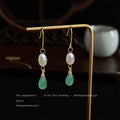 Gold Tone White Pearl And Green Teardrop Hook Earrings view 3