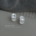 Silver Tone Triple White Cat Eye Oval Ornate Frame Stud Earrings view 3