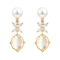 Gold Pearl Drop Earrings Oval Cat Eye Stone Crystal Flower view 5