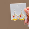 Gold Tone Round Rabbit Fortune Character Drop Hook Earrings view 2