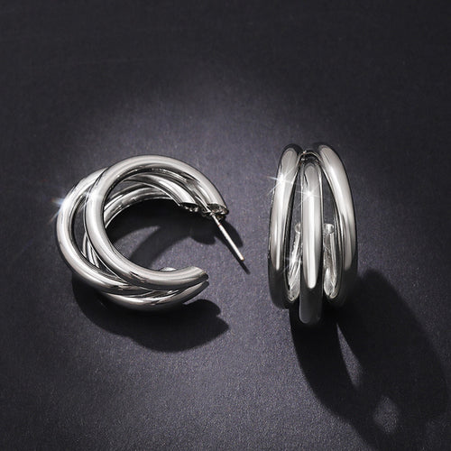 Triple Hoop Earrings In Gold Silver And Rose Gold Tones - front product view