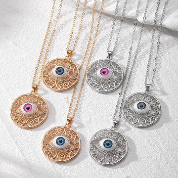 Gold and Silver Tone Round Filigree Evil Eye Pendant Necklaces