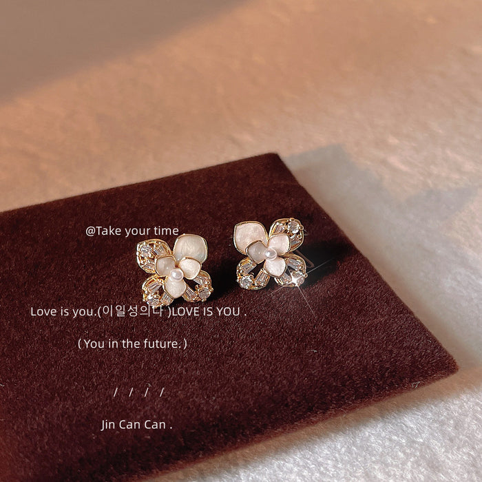 Gold-Tone White Enamel Flower Stud Earrings With Zircon
