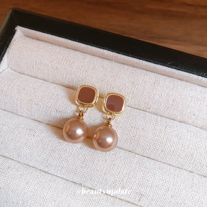 Champagne Pearl Drop Stud Earrings with Brown Enamel Tops