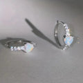 Silver Tone Heart Opal Huggie Hoop Earrings Clear Side Stones view 5
