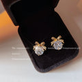 Gold Bow Clear Round Zircon Stud Earrings Crystal Pair view 1
