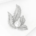 Silver Tone Crystal Leaf Brooch with White Faux Pearl view 3