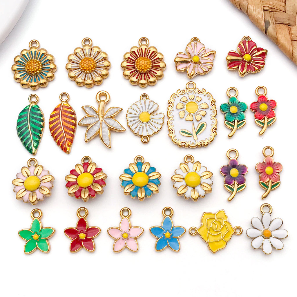 Enamel Stainless Steel Flower Leaf Daisy Charm Pendant for DIY Bracelet Necklace Jewelry
