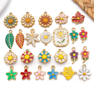 Colorful Enamel Leaf and Flower Charms, Gold-Tone Stainless Steel