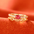 Gold Tone Dual Band Chain Pink Oval Stone Finger Ring view 2