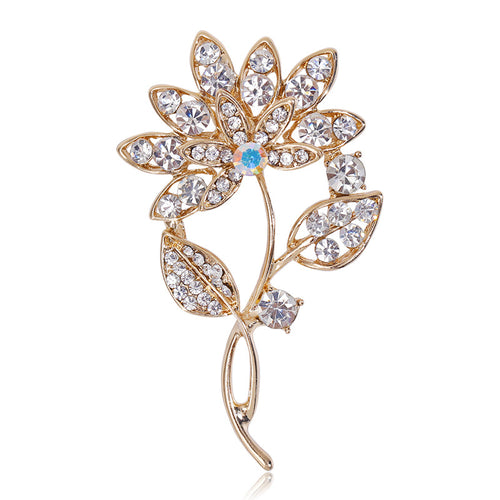 Gold tone rhinestone flower stem brooch front