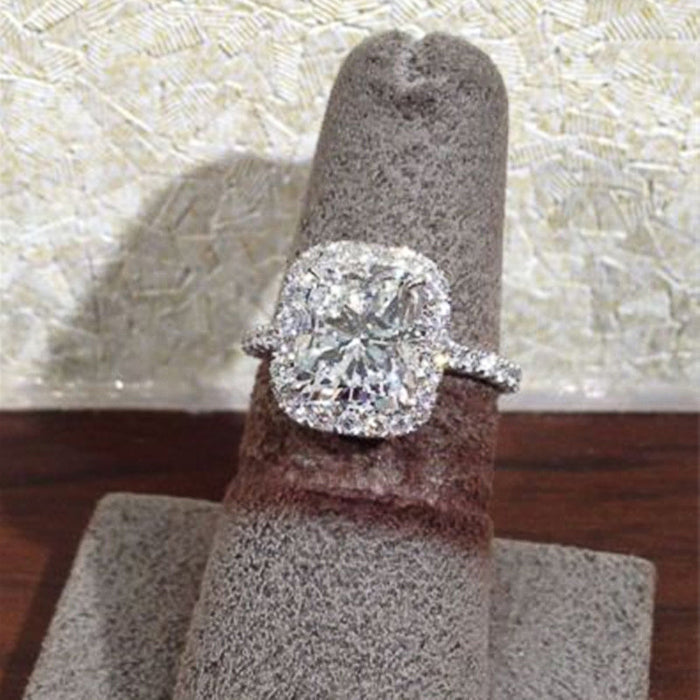 Silver Cushion Cut Halo Clear Stone Pave Band Ring Sizes 6-10