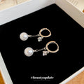 Silver Tone Huggie Earrings with Crystal Links and Pearl Drops view 4