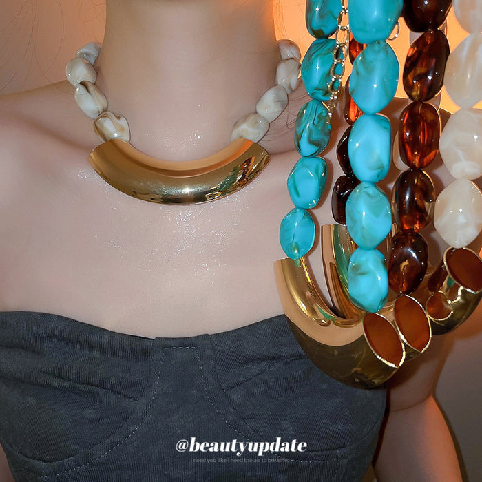 Chunky Bead Necklaces with Curved Gold Tone Centerpieces