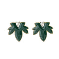 Dark Green Enamel Maple Leaf Earrings Gold Beaded Edge Crystal view 5