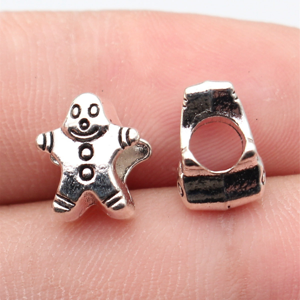 11x9.4x7.8mm 1.5g Antique Silver Zinc Alloy Gingerbread Man Large Hole Double Sided Beads for Christmas Bracelet Making
