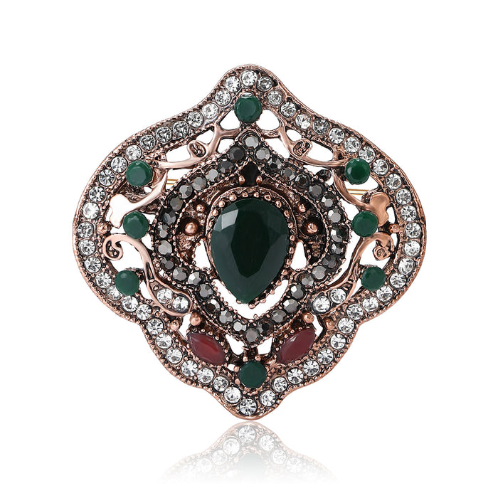 Antique Copper Green Teardrop Rhinestone Baroque Brooch