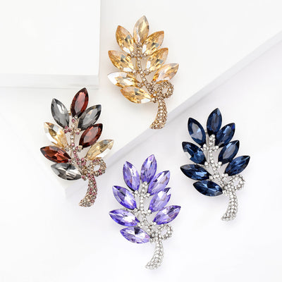 Curved Crystal Wheat Spray Brooch isolated front view
