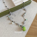 Green Apple and Star Silver Tone Beaded Necklace Statement Jewelry Design view 4