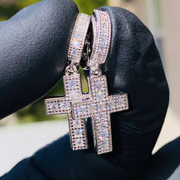 Silver Tone Pavé Cross Drop Hoop Earrings With Hinged Backs