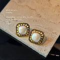 Antique Gold Square Openwork Frame Pearl Stud Earrings view 2