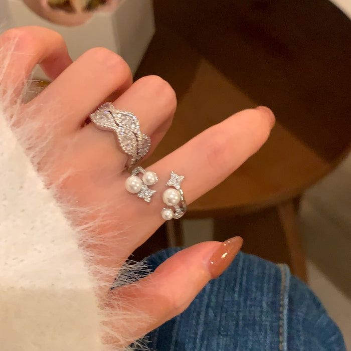 Silver Open Double Layer Crystal Pave Wave Adjustable Ring