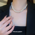 White Pearl Silver Brushed Bead Strand Necklace Single Style view 2