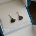 Gold Tone Black Ginkgo Leaf Fan Geometric Drop Earrings view 1