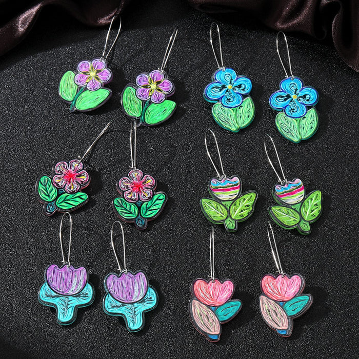 Silver Tone Colorful Flower Acrylic Long Hook Earrings in Eight Styles