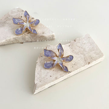 Purple Lavender Enamel Flower Stud Earrings Gold Rim