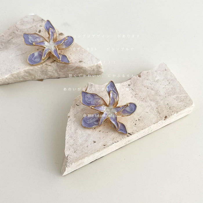 Purple Lavender Enamel Flower Stud Earrings Gold Rim