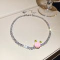 Pink Rose Crystal Tennis Necklace And Rose Leaf Stud Earrings view 7