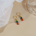 Gold Huggie Hoop Earrings With Multicolor Glass Bead Drops view 3